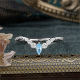 2 Prong Marquise & Round Cut Aquamarine Curved Wedding Band Stacking Ring